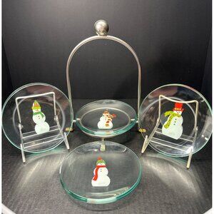 The Pampered Chef Snowman Appetizer Dessert Plates with Stand - Set Of 8